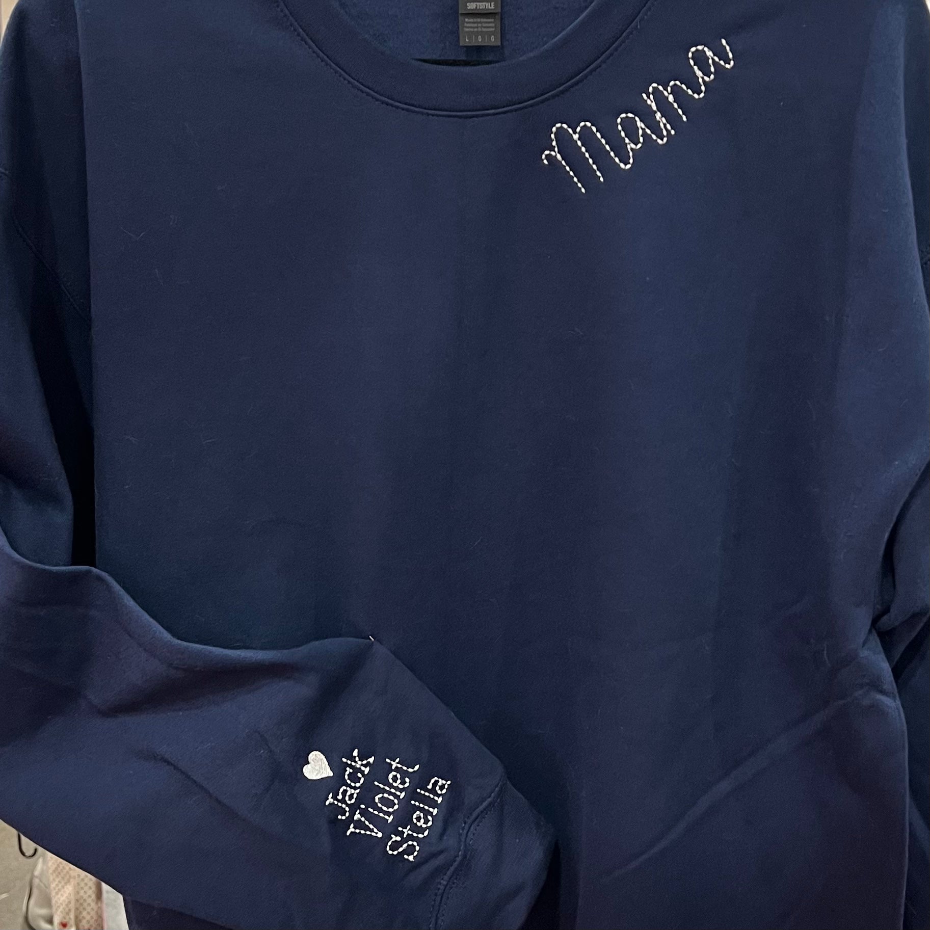 Custom Embroidered Handstitch Font “mama” on the neckline Sweatshirts