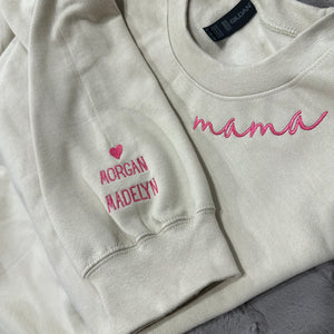 Custom Embroidered Scripty Font “mama” on the neckline Sweatshirts