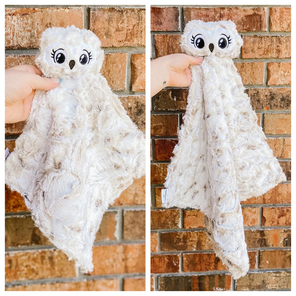 Plush Owl lovey Handmade plush toy comforter Baby snuggler Nursery bedding