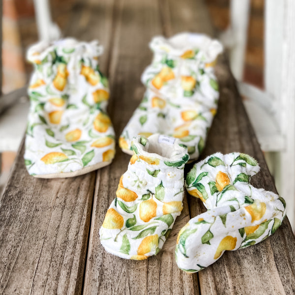 LE Spoonflower Lemons Minky Booties Ready to Ship Kalin Marie Co