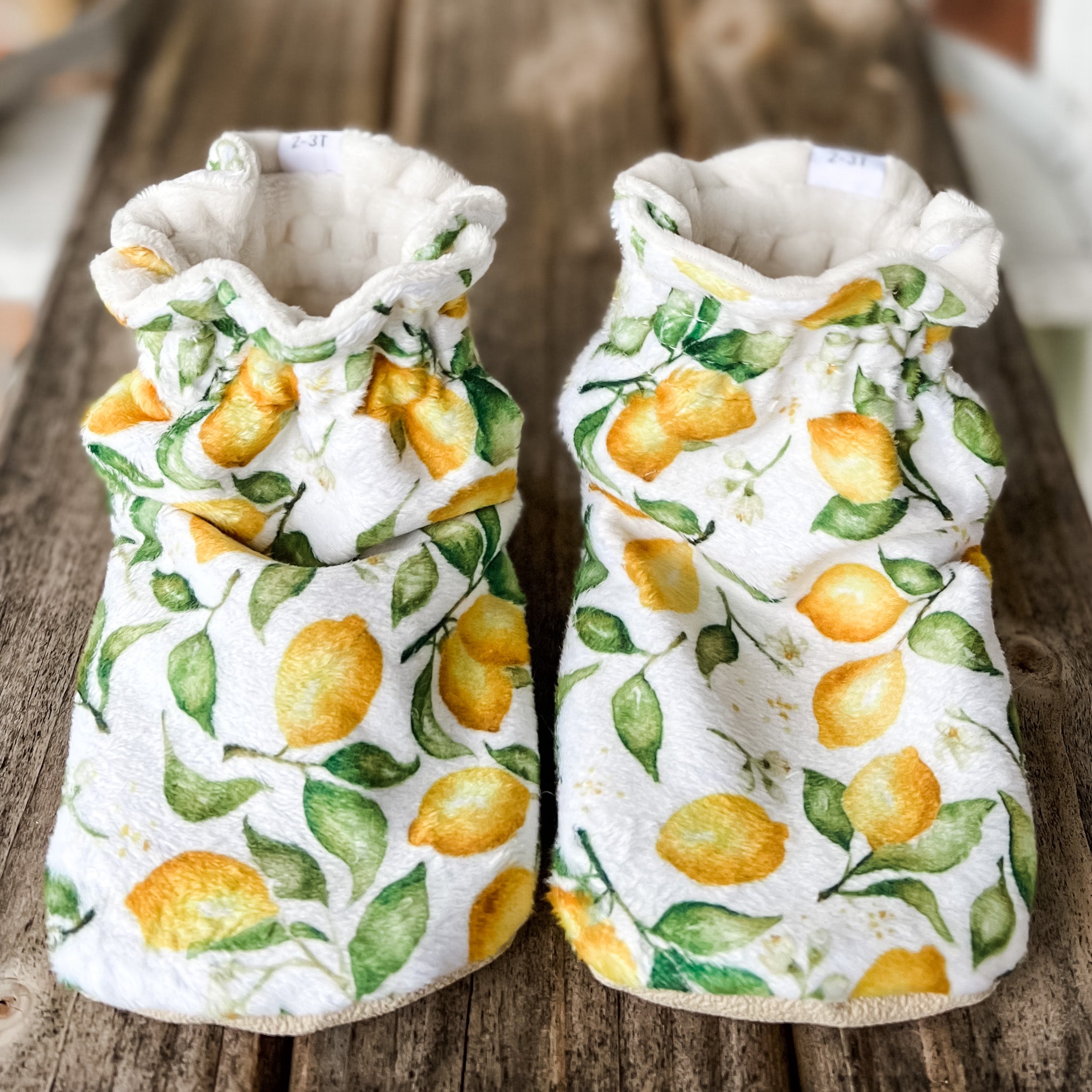 LE Spoonflower Lemons Minky Booties Ready to Ship