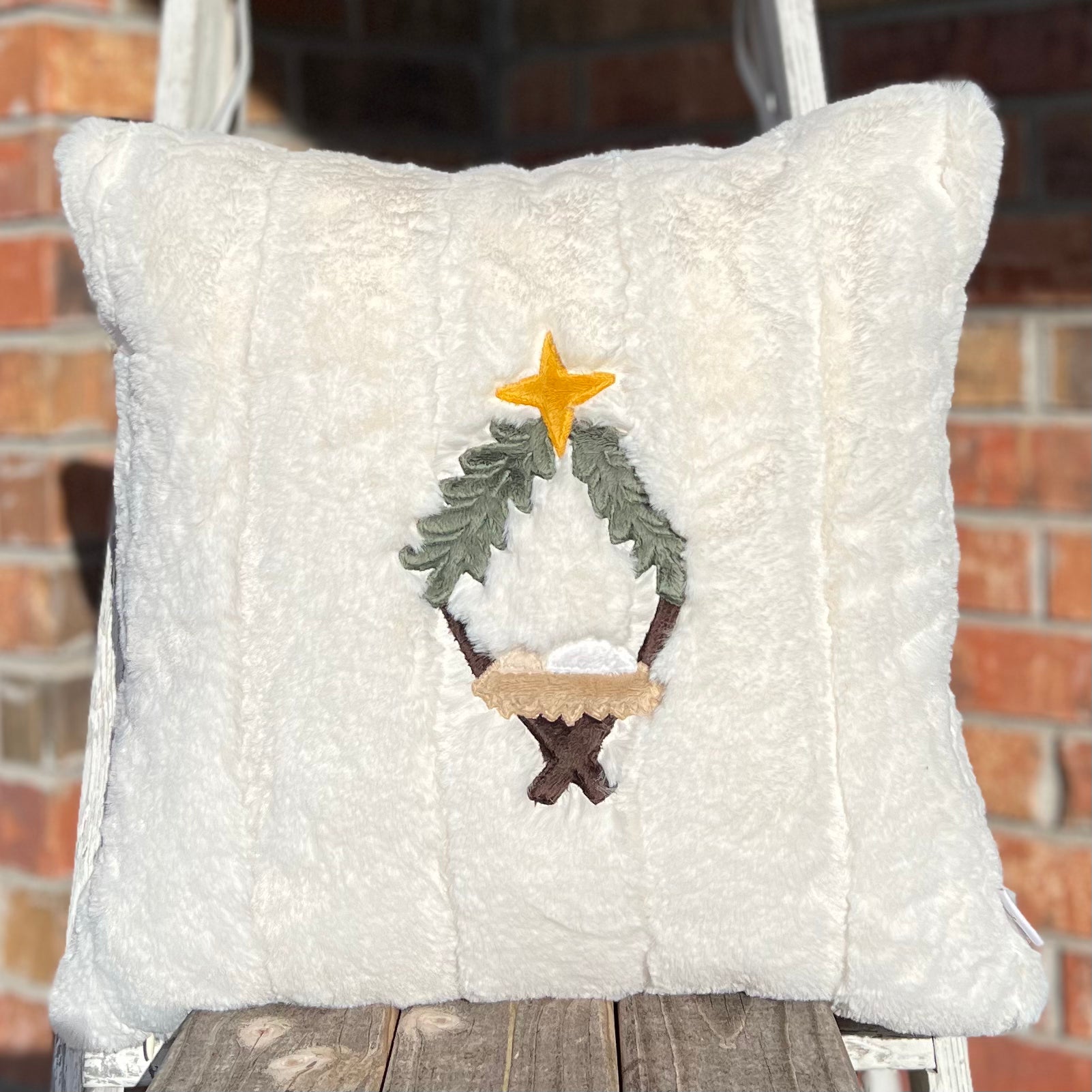 Finished 18x18 Manger on Natural Mink Pillow Cover