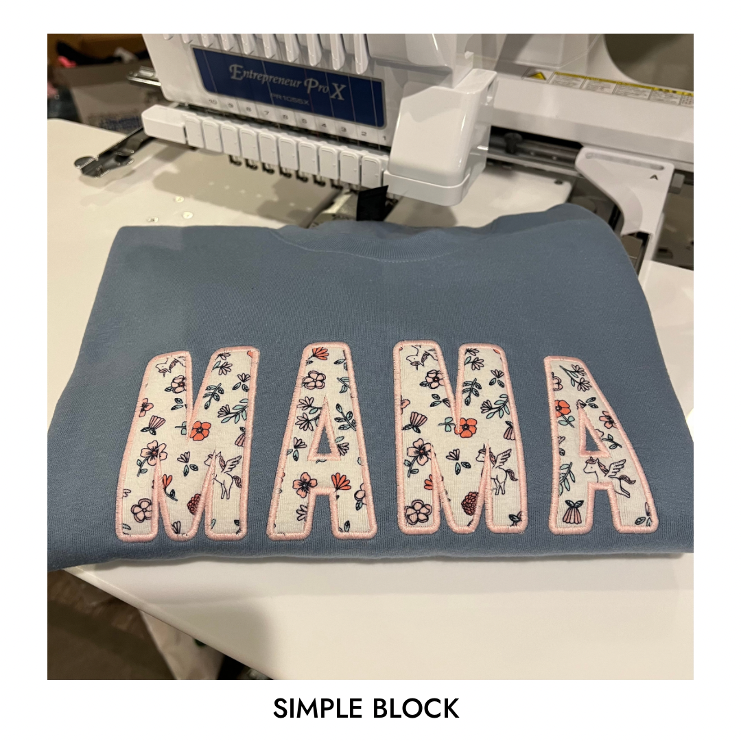 Custom Embroidered Block Font Keepsake Applique Sweatshirts