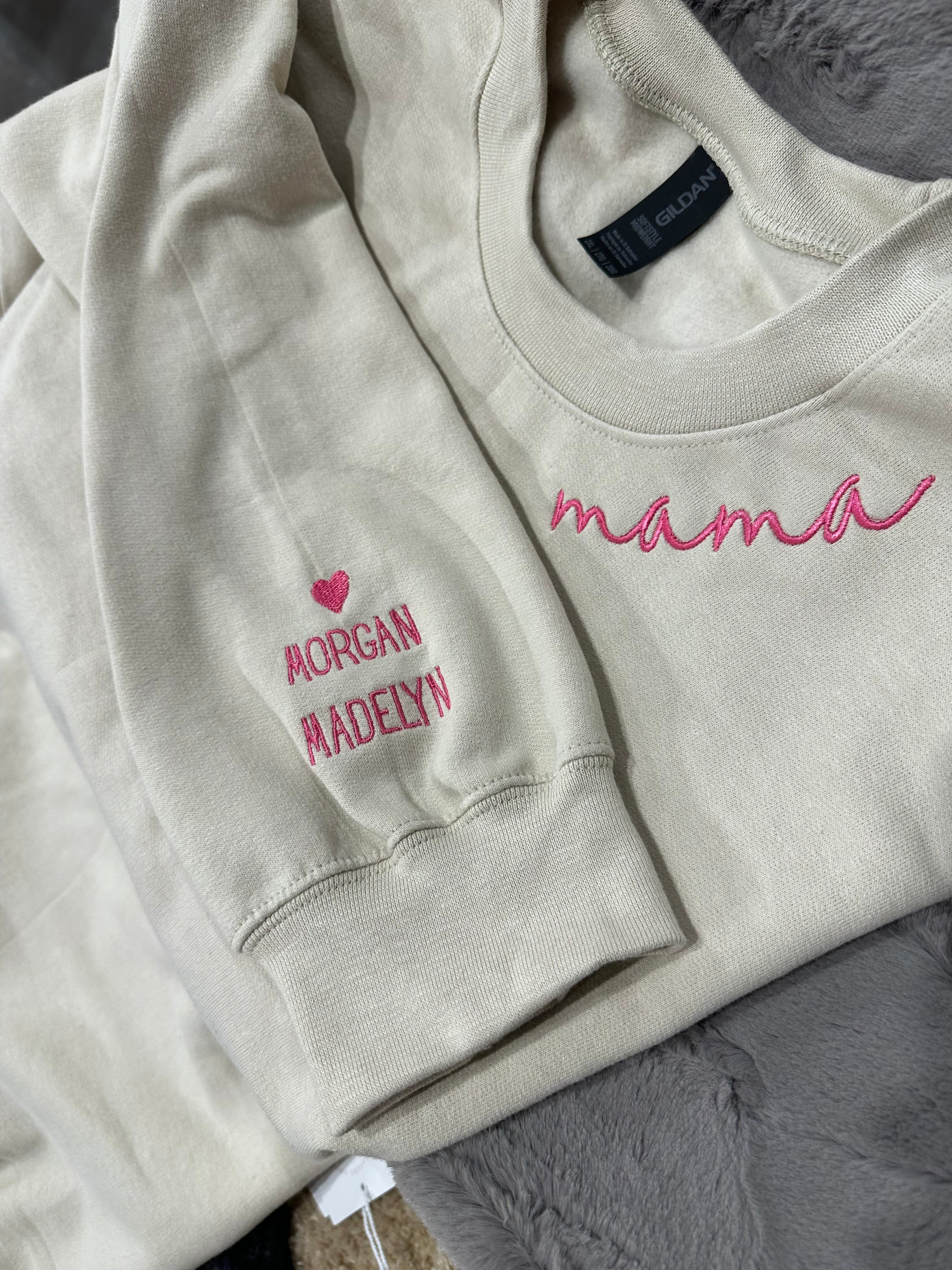 Custom Embroidered Scripty Font “mama” on the neckline T-Shirts