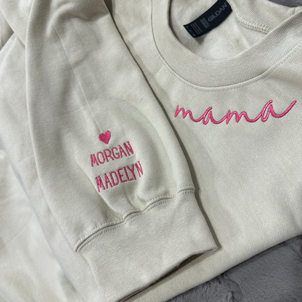 Custom Embroidered Scripty Font “mama” on the neckline T-Shirts