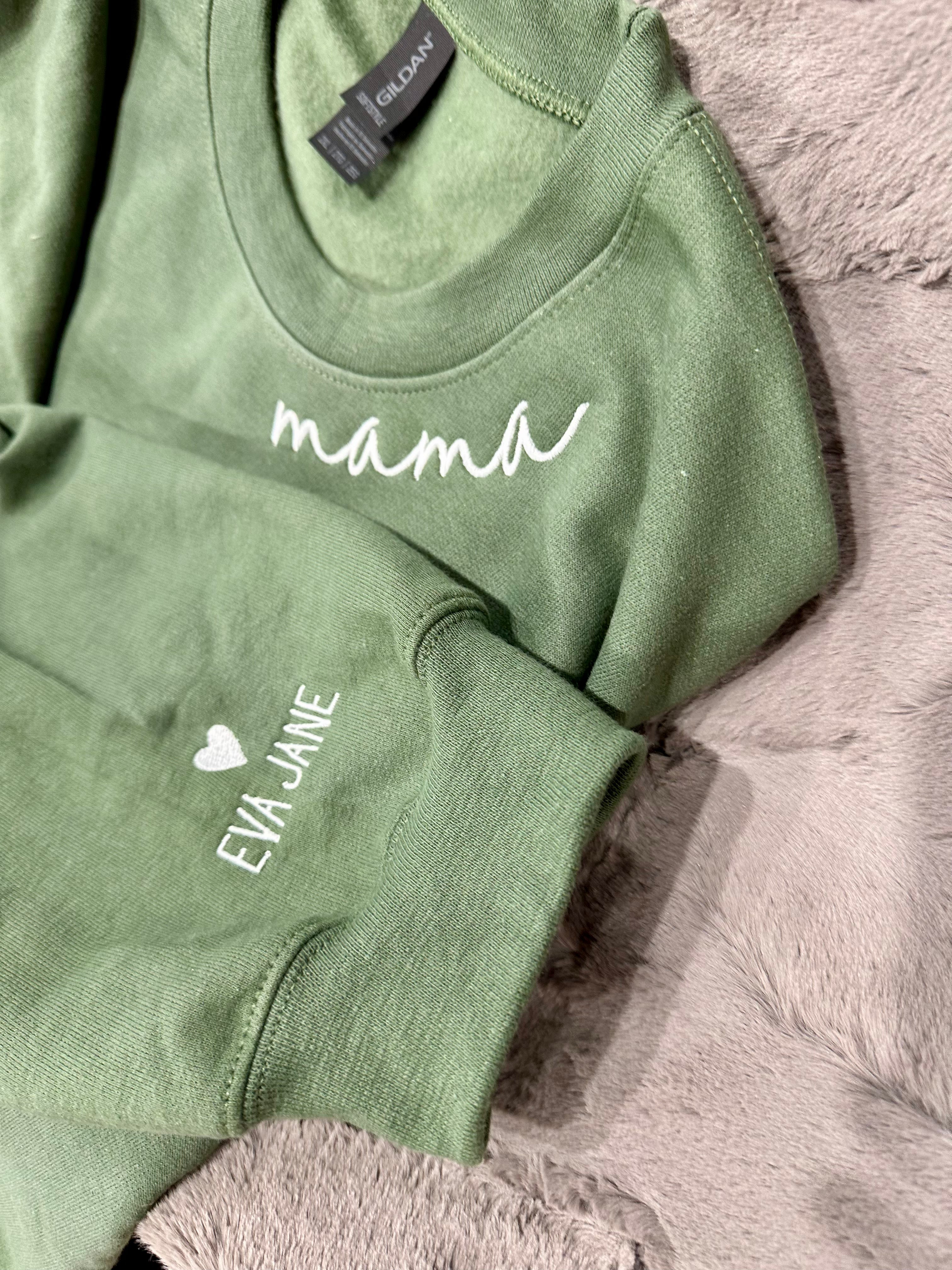 Custom Embroidered Scripty Font “mama” on the neckline Sweatshirts