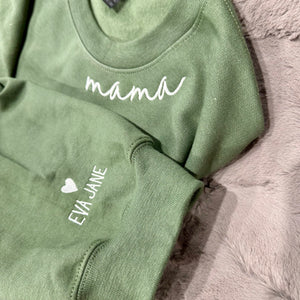Custom Embroidered Scripty Font “mama” on the neckline Sweatshirts