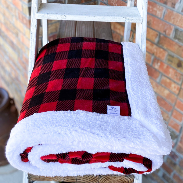 RTS Buffalo Plaid Scarlet & White Sherpa Luxe Blanket