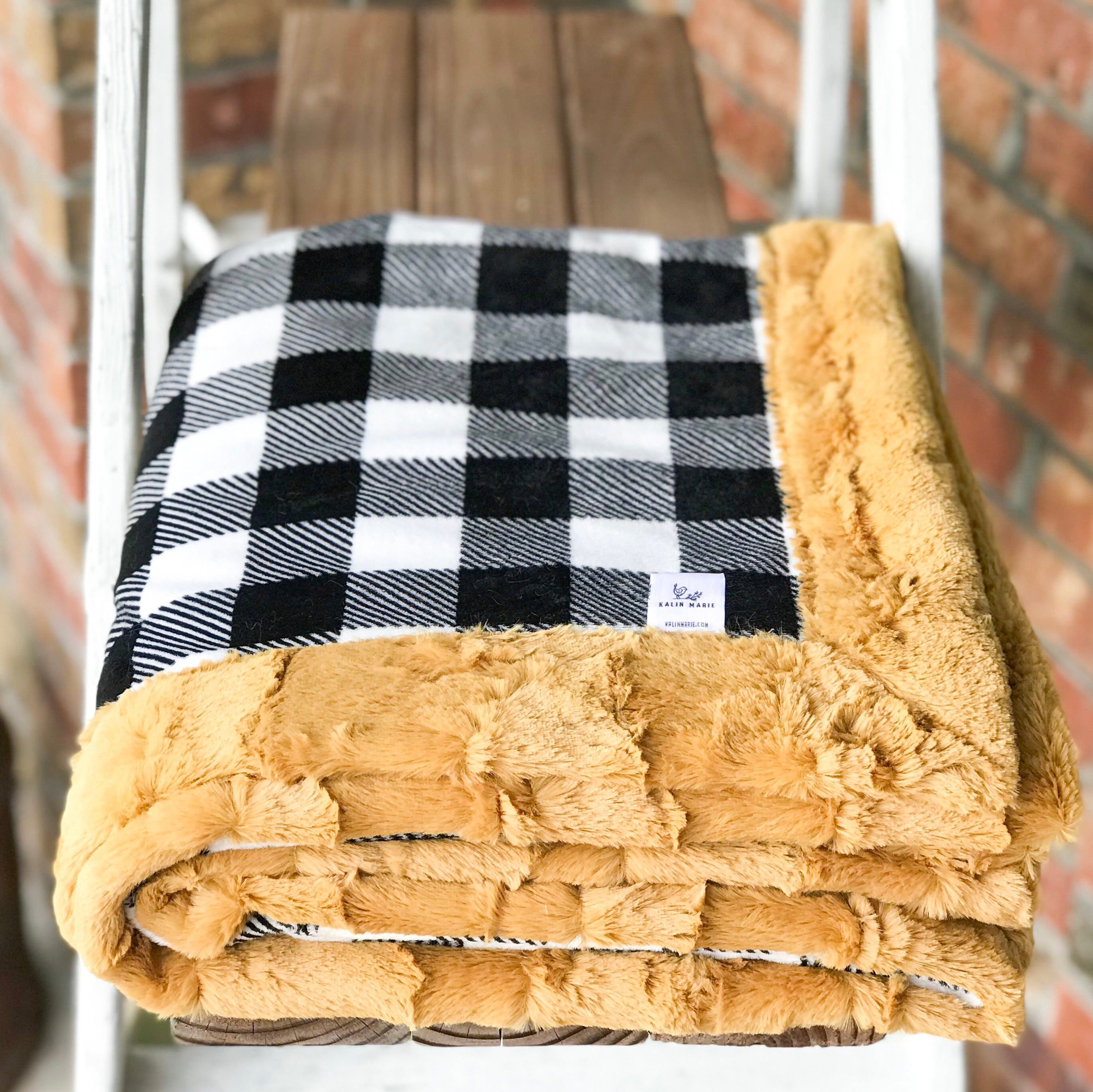 Easy Order Black & White Buffalo Plaid and Golden Hide Luxe Snuggle Blanket